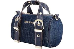 True Religion Denim Buckle Strap Mini Satchel Bag, Structured Dark Denim Crossbody Handbag, Dark Denim