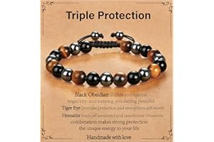 ESPVO Triple Protection Bracelet for Men, Mens 8mm Black Obsidian Hematite Tiger Eye Beaded Natural Stone Evil Eye Bracelet Jewelry Gifts for Birthday Christmas