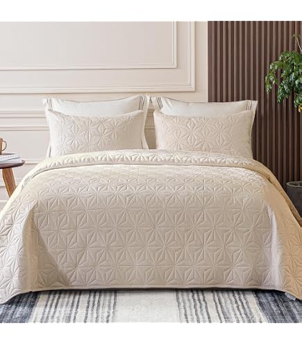 Fancy Collection Couvre-lit De Luxe 3 Pièces En Relief Beige Uni King Size/California King 300x270 Cm - Doux Et Élégant