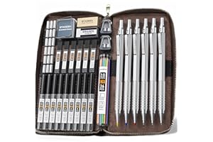 ‎STAGEEK STAGEEK 6Stück Druckbleistifte Set mit Ledertasche,0,5 0,7 0,9 2,0mm Minenbleistift,metall mechanischer bleistift mit 16 Minenröhrchen(6B–4H)&Farbnachfüllungen,für Skizzieren, Zeichnen,Silber