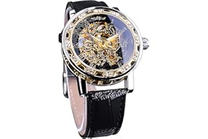 FORSINING Winners Vintage Montres mécaniques, Gravure de Diamants et de Fleurs, Hommes Classique Manuel Squelette Montre Chiffres Romains, Noir/Or, Montres