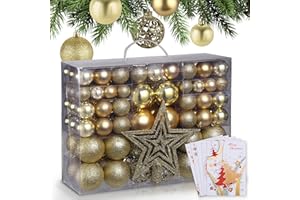 ONBEST Weihnachtskugeln 128-teiliges Set – 1x Baumspitze Glitzer Stern & 127x Kugel – mit Verpackung – Weihnachtsschmuck Deko für Drinnen & Draußen aus Kunststoff – Plus 5X Karte (Gold)