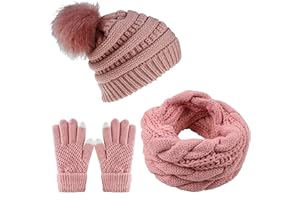 Joligiao Hat Scarf Gloves Set Unisex Slouch Beanie Pom Pom Hat Thermal Warm Knit Neck Warmer Touchscreen Gloves for Men Women Winter Outdoor Sports