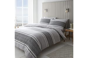 Catherine Lansfield Dwustronny zestaw poszewek na kołdrę z teksturowanymi paskami i poszewkami na poduszki, grafitowy szary