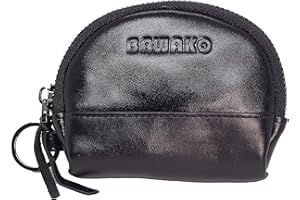 BAWAKO Portmonetka z prawdziwej skóry, portmonetka na monety, zamek błyskawiczny, z breloczkiem do kluczy, czarny, S