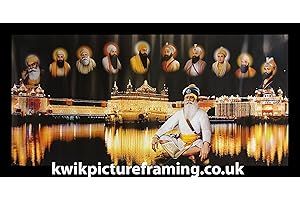 KWIK PICTURE FRAMING LTD Harmandir Sahib Golden Temple Amritsar Punjab Darbar Sahib With Ten Sikh Gurus Photo Picture Framed - 40 X 20 | Black Frame
