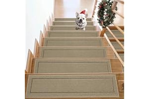 JSEI Non-Slip Stair Treads for Wooden Steps Indoor, 15 Pack 20.32x76.2 cm Edging Stair Rugs with TPE Backing, Carpet Stair Treads for Kids Elders & Pets, 100% Polyester Soft Stair Runners, Beige