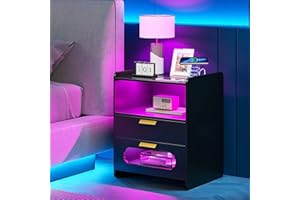 Lvifur Luce LED RGB da comodino, comodino con 2 cassetti, funzione sensore umano, comodino intelligente, 20 luci a colori dimmerabili con ricarica wireless, lucido comodino con ricarica USB