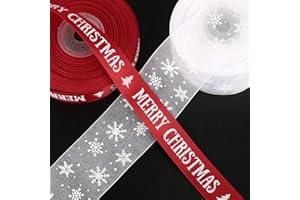 BHGT 2 Rouleau Ruban Organza de Noël imprimé Merry Christmas Ruban Satin Flocons de Neige Décorations Sapin Arbre De Noël Emballage De Cadeau Bricolage Fabrication Noeuds