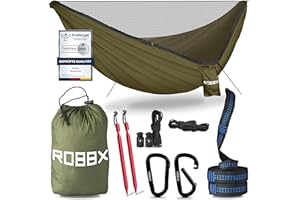 ‎ROBBX ROBBX® Hängematte Outdoor mit Moskitonetz für 2 Personen | 300kg Traglast | Doppelhängematte mit Befestigungs-Set | Nylon Camping Reisehängematte | 290x140cm Oliv