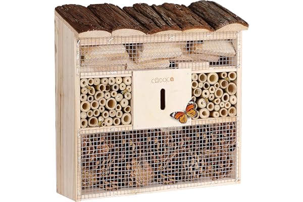 CADOCA® Hôtel à Insectes en Bois Naturel 30,5x31 cm Cabane Maisonette Nichoir à Abeilles Hivernage Pollinisation Biodiversité