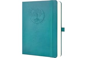 Mlife Notatnik A4 z motywem drzewa życia – 360 stron, papier 100 g, okładka z poliuretanu, gumka, uchwyt na długopis, 3 zakładki – idealny do pracy, nauki i na prezent (Niebiesko-zielony)