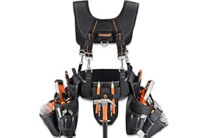 WELKINLAND 39Pockets Tool Belts for Men with Suspenders, 4" Padded Toolbelt, Tool Belt with Suspenders, Black W/Orange, One Size (38"-48")