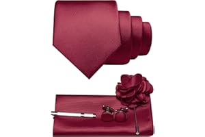 JEMYGINS Corbata de sarga para hombre con diseño monocolor, incluye gemelos cuadrados de bolsillo, pinza de corbata y broche de flores, set de regalo para fiestas, negocios, bodas