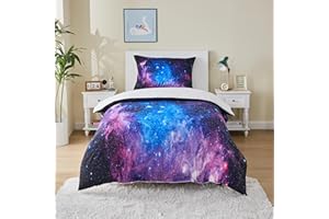 MUSOLEI Starry Sky Single Bedding Set for Kids Boys Girls, Lovely Nebula Microfibre Bed Duvet Cover Set, 3D Galaxy Blue Star Zipper Quilt Cover Sets 135×200cm with Pillowcase 50×75cm