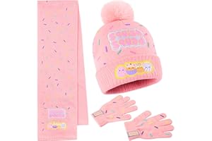 Squishmallows Beanie Winter Accessories Set Girls Teens, 3pcs Hat Scarf Gloves, Warm Knit for School Travel Days Out, Girls Gifts