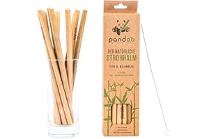 pandoo | Lot de 12 pailles en bambou 20 cm | Goupillon de nettoyage inclus | sans BPA - Pailles à boire réutilisables et écologiques | 100% biodégradables, recyclables, zéro déchet