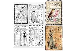 GLOBLELAND Tampons Transparents Vintage Ticket Carte Postale pour la Fabrication de Cartes Robe Papillon Décorative Lady Tampons Transparents en Silicone pour Scrapbooking Paper Album Décoration