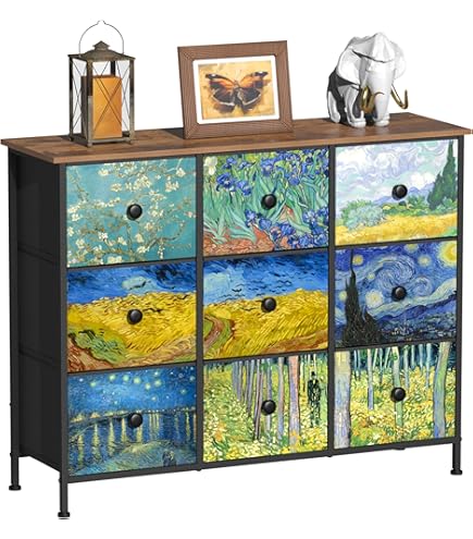 Mondeer Commode met 9 laden, ladekast van vintage bloemenmotief, stof, metalen frame, rustiek, voor woonkamer, slaapkamer, hal, 30 x 90 x 84 cm, vintage bruin