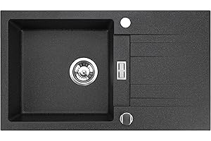 Manestein Spülbecken, Küchenspüle aus Granit, Abtropffläche, Einzelbecken mit Siphon, Fleckenbeständig & Pflegeleicht, 80% Quarzsand, Zusätzlich Verstärkt, 1 Becken, 76 x 44 cm, Graphit