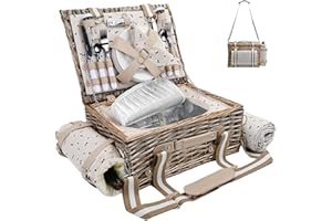SATISINSIDE Picknickkorb-Set für 4 Personen mit isoliertem Futter und wasserdichter Decke, Weinbeutel, großer Weidenkorb für Camping, Outdoor, Valentinstag, Weihnachten für Paare, Kirschkaffee