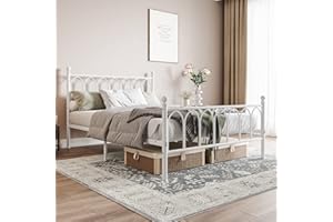 JURMERRY JELUTE Double Metal Bed Frame 135 x 190 Modern Style with Headboard and Footboard Heavy Duty No Box Spring Needed, Noise Free (White)