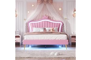 ‎KEBNOR Kebnor Kinderbett Polsterbett, Bettgestell für Mädchen, Kronen-Doppelbettgestell aus, Lattenrost und Rückenlehne(Matratze Nicht enthaltet) (Rosa, 140 x 200 cm)