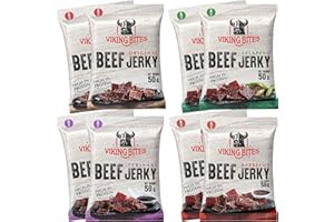 Viking Bites Beef Jerky, envase mixto de 400 g (8 x 50 g) - 2x Original, 2x Jalapeño, 2x Barbacoa, 2x Teriyaki - Cecina de ternera - Aperitivo de carne - Con un alto contenido de proteínas