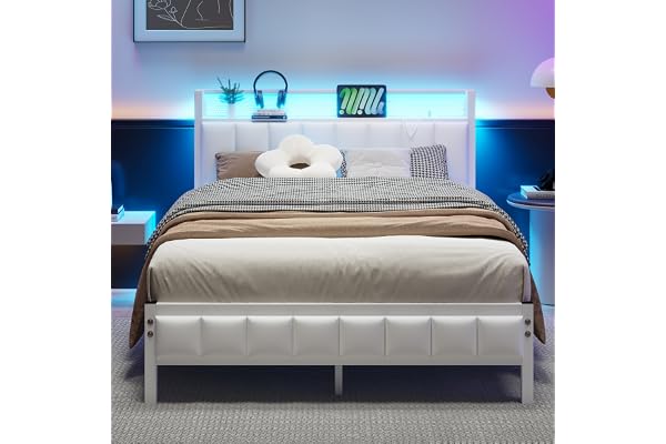 BORPHOM Sängram med LED, laddningsstation, dubbelsäng/enkelsäng, gästsäng, metallsäng, klädsäng, 120 x 200, sängram av metall, ungdomssäng, med ribbotten, sänggavel i Vit, för sovrum, gästrum