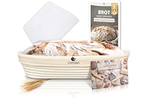 Exitoso Banneton pour Pain Ovale en Rotin Ø35cm 1Kg - Paniere a Pain Osier et Tissu en Lin - Banneton Long Moule Pain et Levain avec Lame Boulanger - Panier a Pain Tissu - Panier Corbeille a Pain
