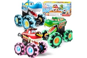 JOYIN 3 Pack Monster Truck Toys for Boy Girl Age 1 2 3 4 5 6, Motion Activated Light-Up Cars, Monster Treads Lightning Wheels, Baby Gift- Pull Back Friction Toy Cars for Kids 1 2+ Year Old Boys