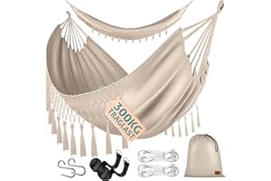 KESSER® Hamaca Resistente hasta 300kg | 320x150cm, para 1-2 Personas |, Transpirable, con Borlas Resistentes a la Intemperie, Ideal para Camping y Jardín, Beige