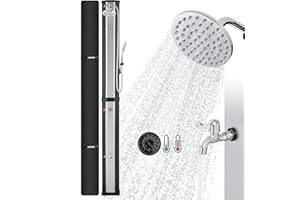 AREBOS Douche Solaire 60 L | avec douchette & thermomètre | Température de l'eau jusqu'à 60°C Douche Piscine Camping | Pommeau de Douche Rond | Technologie Snap-in | Couverture Incluse | Noir-argenté