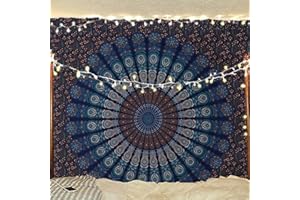 Bless International Tapisserie de literie murale indienne hippie bohème psychédélique paon mandala (bleu vert, Taille de reine(84x90 pouces)(215x230 cms))