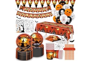 JOTOL Halloween Partygeschirr - 180-teiliges Set für 25 Gäste mit 7-9 Zoll-Esstellern, Pappbechern, Aufklebern, Stroh und Ballons