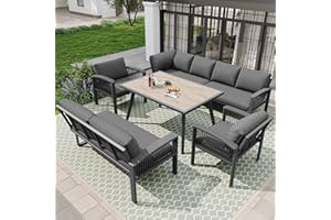 Dolamaní Gartenmöbel Set Metall Wetterfest für 8 Personen, Seilwerk, großer Tisch mit Holzmaserung, alle Sitz- und Rückenkissen inklusive (Grau)