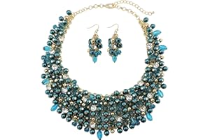Bocar Necklace for Women Trendy, Crystal Chunky Collar Statement Necklace Earring Set, Handmade Custome Jewelry Party Gift for Her