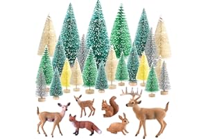 PLULON 30 Piezas Mini árboles Navidad, Juego Figuras Animales del Bosque, Cepillo Botella, árboles, sisal, Nieve, Escarcha, árboles, Diorama, y Figuras Animales del Bosque, Adornos para Tartas