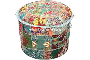 Stylo Culture Pouffe Seat Vintage Footstool Bench Cover Dark Green Indian Embroidered Patchwork Cotton Traditional Round Fabric Ottoman Pouf Cover (16x16x13 Inch) 40cm (COVER ONLY)