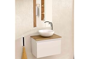 BELLOBATH - Mueble Baño Suspendido con Lavabo de Cerámica Redondo y Espejo, Mueble Baño con Lavabo Montado con 1 Cajón, 49,5 x 32 x 30 cm, Mueble Blanco/Roble