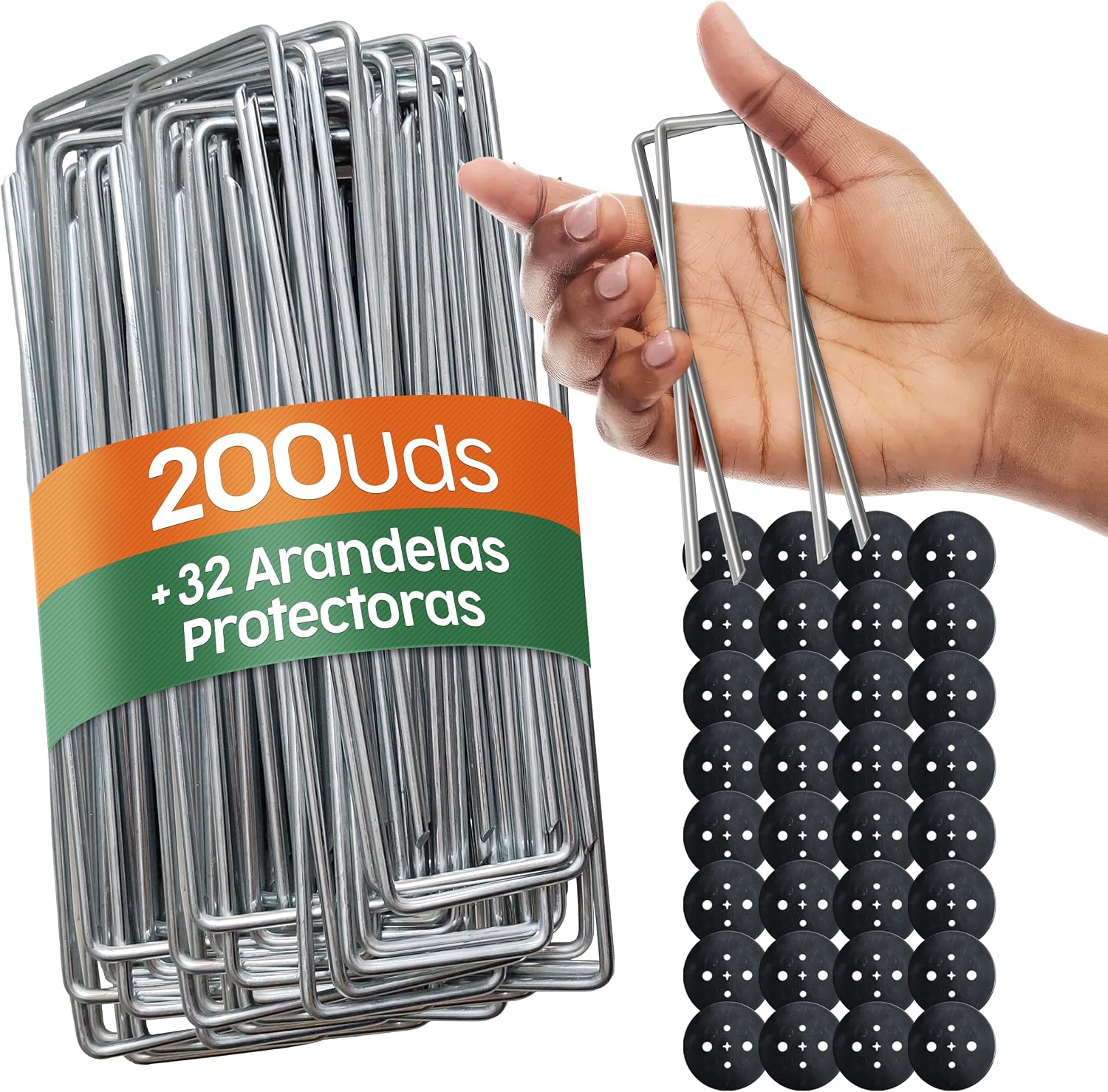 PORTENTUM Grapas Césped Artificial 200 Uds + 32 Arandelas – Piquetas Camping Suelo Duro – Estacas para Tomateras – Grapas Malla Antihierbas – 150 mm Alto – Ancho Ajustable – 3 mm Grosor