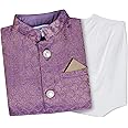 superminis Boy's Cottton Kurta With Golden Thread Work Nehru Jacket and Elastic Closure Pyjama Set