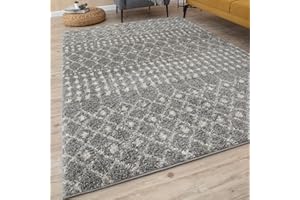 THE RUGS Modern Moroccan Design Living Room and Bedroom Rugs, Non-Shedding & Easy Care (Moroccan Grey/Ivory, 140x200 cm)