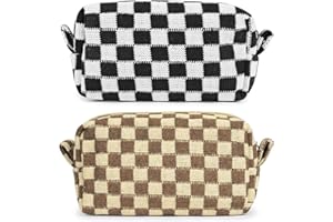 Aucuu Bolsa De Cosméticos De Lana A Cuadros, Bolsa De Cosméticos De Gran Capacidad, Bolsa De Cosméticos De Viaje Portátil, Bolsa De Cosméticos De Moda para Niñas (Negro + Marrón Claro)