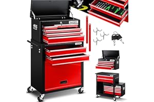 MASKO® Werkstattwagen inkl. Koffer - 9 Fächer Abschließbar | Massives Metall | Mobiler Werkzeug-Wagen ohne Werkzeug | Profi| Rollwagen zur Werkzeugaufbewahrung mit Schloss | Schwarz/Rot
