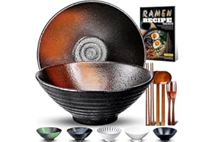 YTLEMON 8 Pulgadas Juego De 2 Tazones De Cerámica Para Ramen De(9 Piezas) - Tazones Grandes De Porcelana Para Ensaladas Fideos Cereales Con Recetas Palillos Tenedores Y Cucharas Para Apto Para Lavavajillas