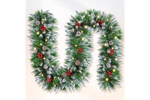 Anveltech Christmas garland,christmas garland with lights Decorated Snow Tipped Artificial Green Xmas Garland with Pinecones and Red Berries for Home Stairs Fireplace Front, Christmas Decorations 9 Ft