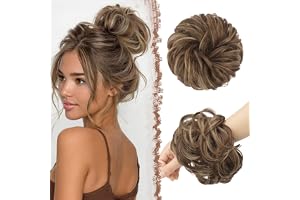 FESHFEN Rörig Hårbun Scrunchies Vågiga Lockiga Chignon Bulle Hästsvans Syntetiska Stor Hårbullar Lockigt Hår Extensions Ljus Askbrun & Gyllenbrun Hårstycke för Kvinnor Flickor, 38g