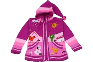 PABLO VICENTE Sunny Times Kinderstrickjacke aus Peru, Jacke mit Kapuze und Reißverschluss für Babys und Kinder, Weich und Warm für Freizeit oder Anlässe, Wolle, Größe 62 bis 116, Handgefertigt, Pink-Lila