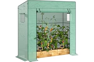 Outsunny Tomato Greenhouse with Reinforced PE Cover, Walk-in Garden Growhouse with Large Roll-up Door and 2 Mesh Windows, Portable Indoor Outdoor Green House, 196L x 77W x 178Hcm, Green